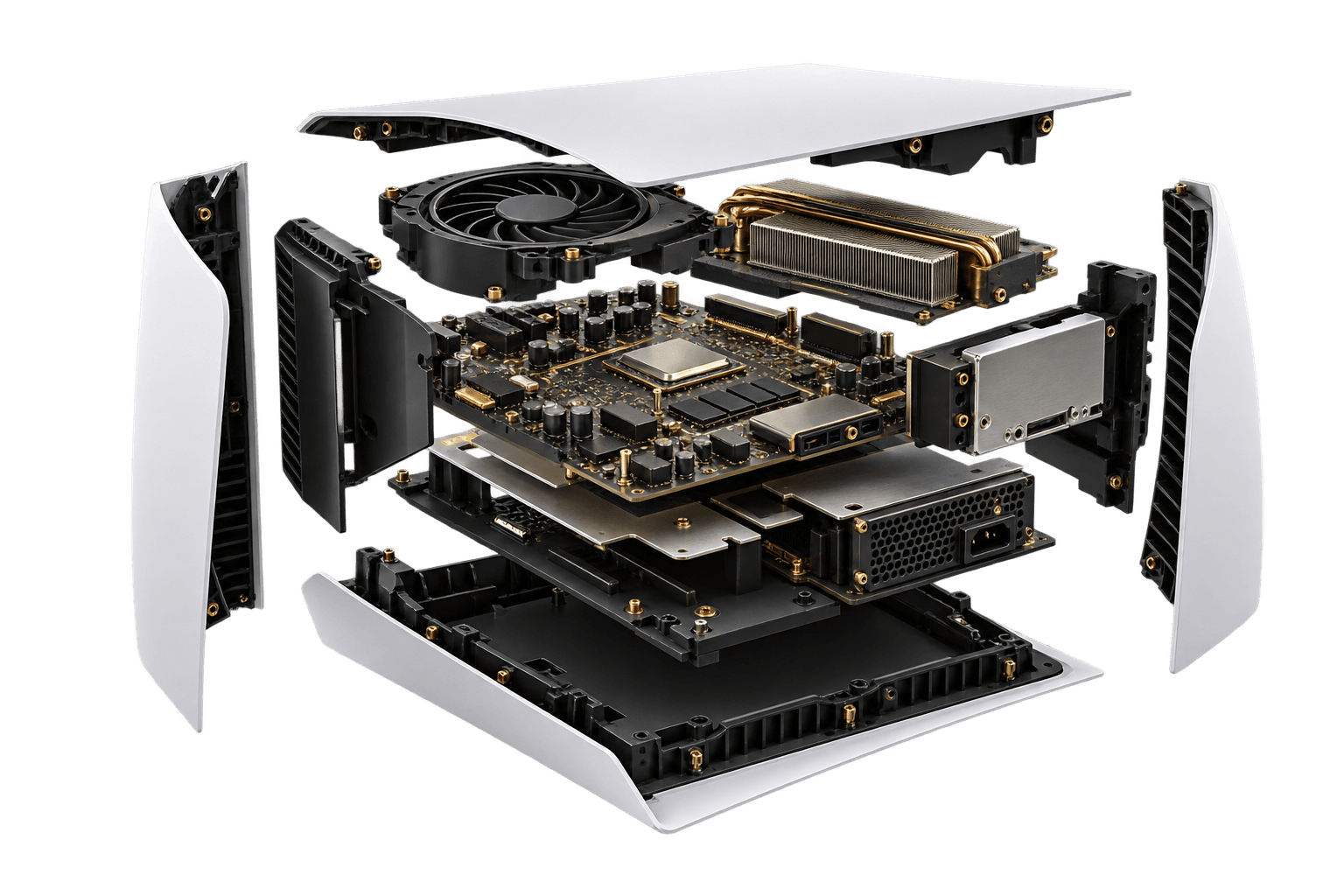 Console de videogame desmontado, com carcaça, ventoinha e componentes internos separados em camadas